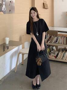 DAZY 女士休闲宽松系带腰短袖圆领中长连衣裙，街头风吊带裙 - 黑色 - 查看 2