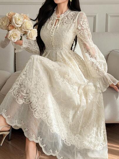 DAZY 女士优雅纯色刺绣褶皱长裙婚礼宾客礼服