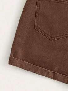 Rivivi Summer Rolled High-Rise Denim Shorts - Coffee Brown - View 5