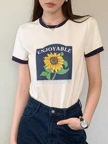DAZY 向日葵和字母圖案拼接邊T恤 - 米色 - 查看 4