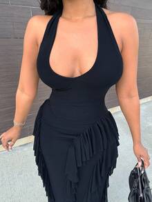 Alexandranx 优雅分层荷叶边露背吊带连衣裙，适合约会、夜总会派对、活动、秋季 - 黑色 - 查看 3