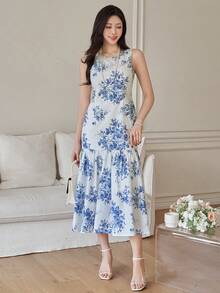 DAZY 女士优雅印花圆领无袖鱼尾中长连衣裙，夏季婚礼宾客礼服 - 藍色 - 查看 8