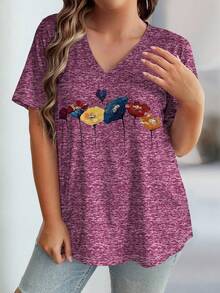 SHEIN LUNE 大码优雅花卉金鱼草印花休闲V领短袖T恤（女款） - 彩色 - 查看 3