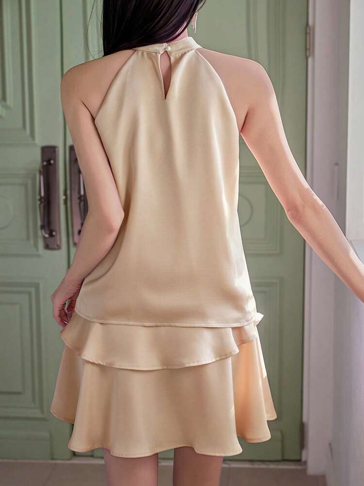 Women's Elegant Solid Color Halter Sleeveless Top & Ruffle Hem Skirt 2 Pieces Set, Summer, Wedding Guest Dress Women