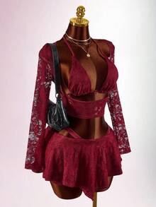 Amplova 2pcs/Set Sequin Detail Sexy Tight Fit Long Sleeve Crop Top & Tight Fit Inverted V Mini Skirt - Red - View 4