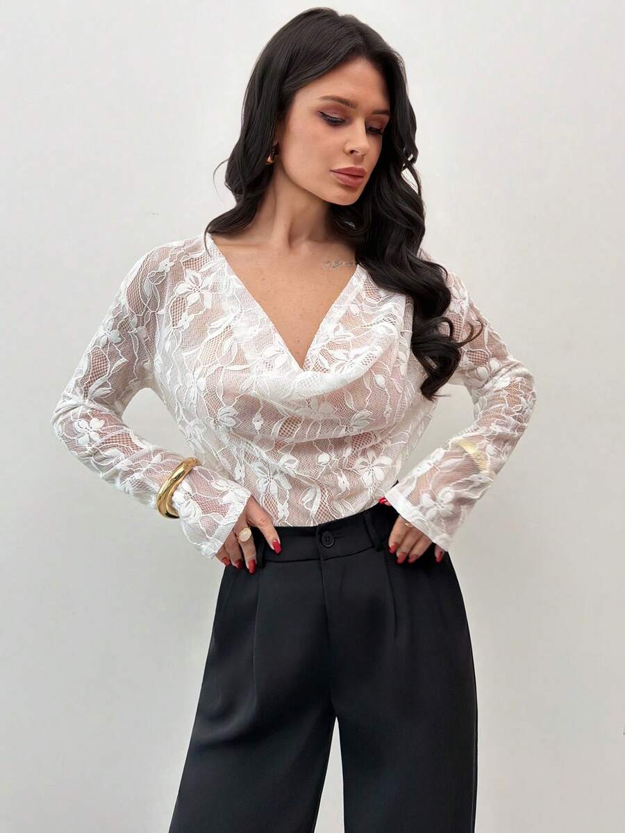 Firerie Blusa de encaje semitransparente con cuello en pico y bajo asimétrico para mujer - Blanco - Ver 1