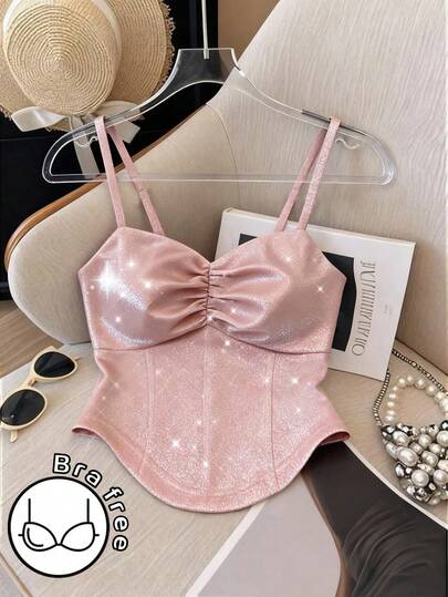 GlowEve 女士纯色亮面褶皱吊带背心