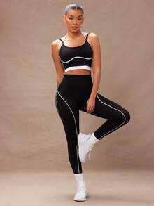 Lumalex 1pc Black & White Contrast Stripe Pattern Cropped Workout Leggings Yoga Women Pants - Black and White - View 3