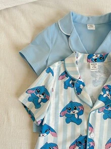 4件套男婴可爱卡通条纹兔子图案短袖针织睡衣套装，夏季休闲家居服套装 - 彩色 - 查看 6