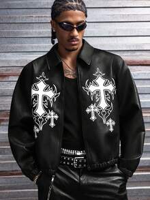 AXEPEAK Men's Casual Fashion Street Cross Print Zip-Up Jacket, Autumn - Black - View 1