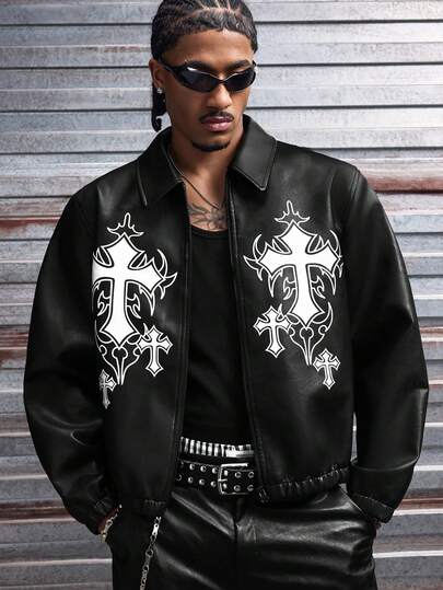 AXEPEAK Men's Casual Fashion Street Cross Print Zip-Up Jacket, Autumn