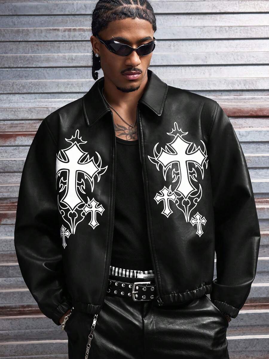 AXEPEAK Men's Casual Fashion Street Cross Print Zip-Up Jacket, Autumn - Black - View 1