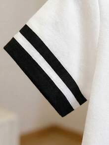 SHEIN 6个月-3岁婴幼儿女童黑白条纹撞色短袖圆领T恤，马匹印花，婴幼儿服装，女童套头衫，女童T恤，婴幼儿上衣，适合春夏穿着 - 白色 - 查看 3