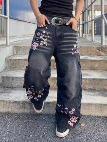 Manfinity EMRG Quần jeans ống rộng dáng suông kiểu vintage, được thêu hoa anh đào tinh tế và đính đinh tán, phong cách thời trang đường phố. - màu đen - Xem 5