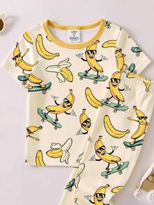 1set Young Boys Skateboard & Banana Print Snug Fit Short Sleeve Pajama Set - Yellow - View 4
