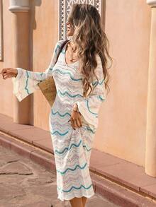 GlowEve Casual Vacation Style Wave Pattern Hollow Out Flare Sleeve Women Knit Dress - Multicolor - View 3