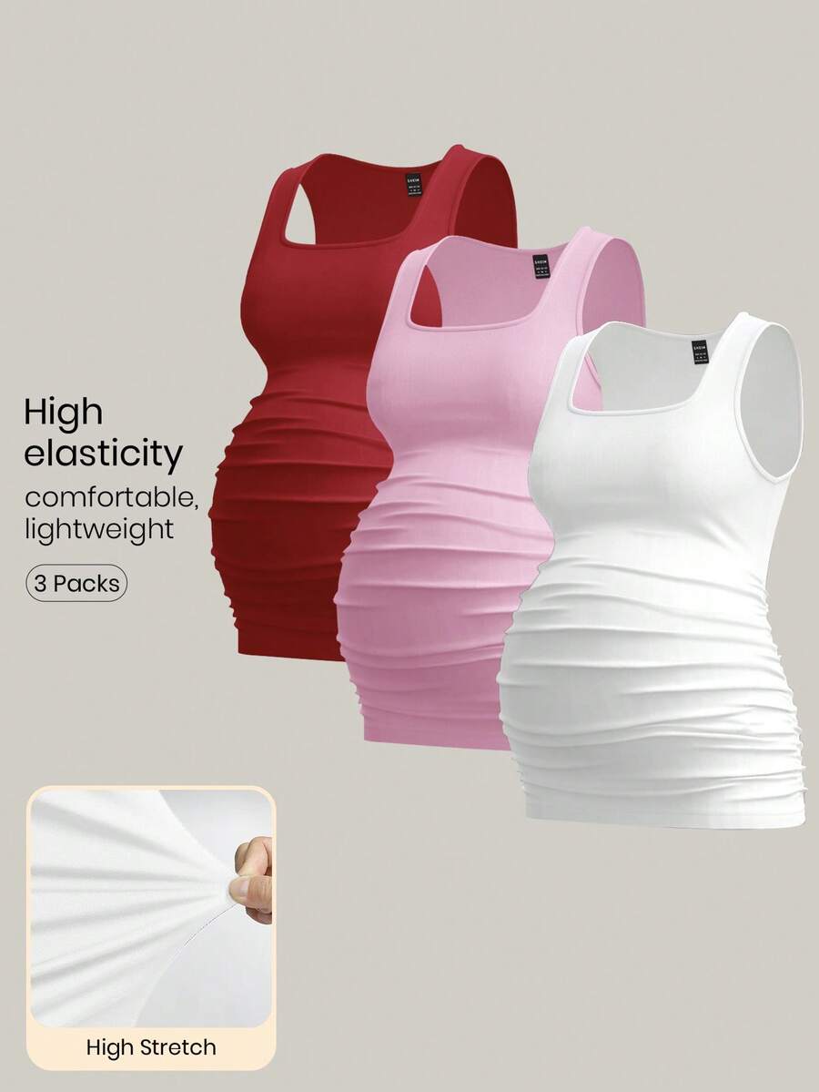 Modmama 3pcs Maternity Women's Solid Color Slimming Tank Tops, Casual & Simple, Perfect For Summer - Red - View 1