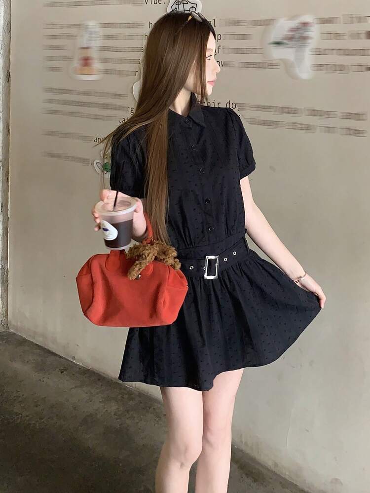 Women's Black Textured Polo Collar Midi Dress, Waist Cinched, Elegant French Style Summer Dress Sundress