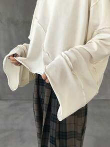 FRIFUL Women's Loose Cropped Sweatshirt With Ruffle Hem, Grey, Spring - White - View 7