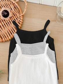 SHEIN LMoss Kids LMoss 3pcs/Set Newborn Baby Girl Cute White Knit Strap Romper Set For Summer Baby Summer Romper Toddler Romper Girl Breathable Cami Baby Clothing - Multicolor - View 4