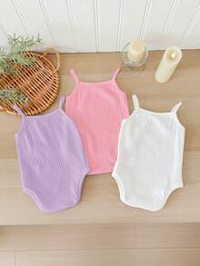 SHEIN LMoss Kids LMoss 3件套新生儿女宝宝可爱白色针织吊带连体衣套装，夏季款 - 彩色 - 查看 6