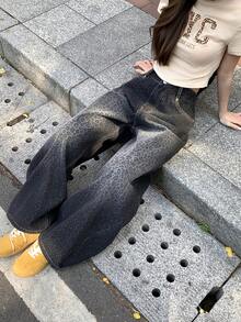 DAZY Women's Loose Fit All-Over Leopard Print Korean Style Casual Wide Leg Jeans