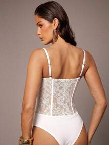 Silquee Women's Floral Lace Patchwork Sexy Sling Bodysuit - White - View 2