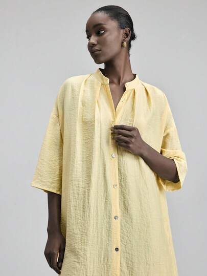 Ontre Solid Color Front Button Loose Casual Versatile Shirt Dress