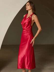 Aveloria Rosie An Elegant Asymmetrical Ruffled Silk Dress With Heavy Metal Buttons And Luxurious Texture, A Long Elegant Women's Dress - Hot Pink - View 5