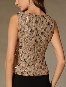 Aveloria Rosie Elegant Tweed Fabric Sequin Embroidery Design Fitted Women Top, Versatile - Khaki - View 2