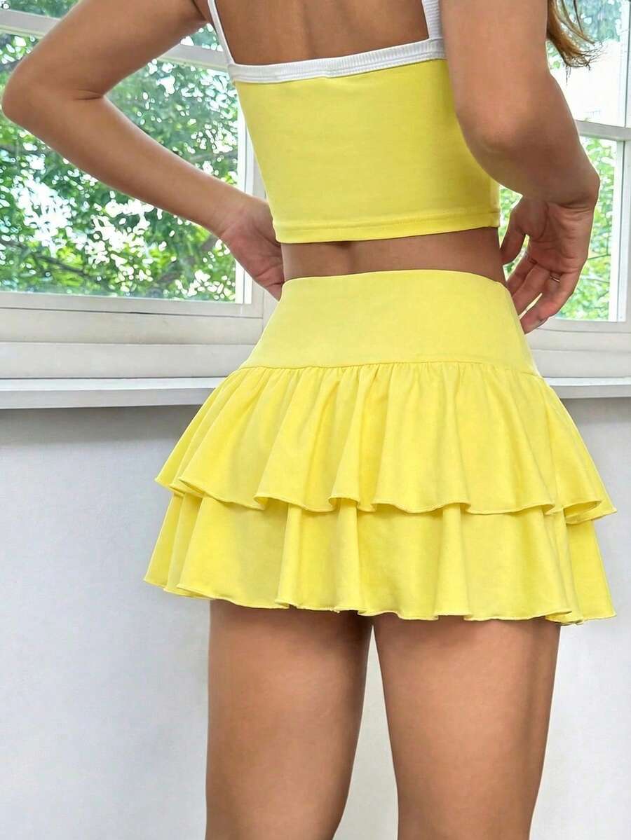 SHEIN EZwear Chân váy ngắn chữ A hai lớp xếp ly màu đen dành cho nữ, thích hợp cho mùa hè đi chơi. - Màu vàng ngỗng - Xem 1