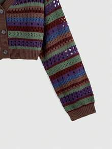 ROMWE Plus Size Hippie Vintage Hollow-Out Colorful Striped Cardigan - Multicolor - View 3