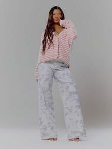 MUSERA Áo khoác cardigan dệt kim lông xù kẻ sọc dáng rộng phong cách đường phố cá tính, mùa đông gợi cảm, thường ngày, độc đáo. - Hồng - Xem 3