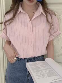 DAZY 女士条纹单排扣休闲商务短袖衬衫 - 藕粉色 - 查看 9