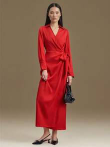 Ontre Đầm đỏ buộc dây xẻ tà mùa xuân/hè 2026 mới, thời trang tối giản, phong cách bohemian, thích hợp mặc hàng ngày, đi nghỉ mát, du lịch, đám cưới mùa xuân. - Đỏ - Xem 6