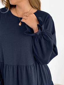 SHEIN Essnce Plus-Size Women's Navy Blue Autumn Long-Sleeved Dress,Smart Casual Vacation Textured Fabric Loose Fashion Everyday Comfortable Basic Dress - Navy Blue - View 6