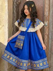 SHEIN Young Girl Retro Print Patchwork Fringe Decor Sleeveless A-Line Dress - Blue - View 8