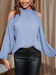 Amorya Women's Solid Color Off-Shoulder Loose Long Sleeve Casual Shirt Baby Blue Top Women Light Blue Blouse Cold Shoulder Blouse Light Blue Top - Mint Blue - View 6