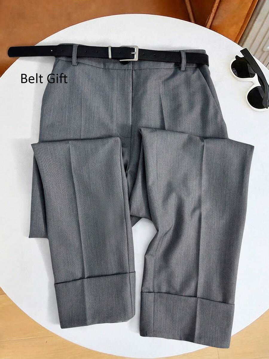 SHEIN Franclia Women's Versatile High-Waisted Tapered 7/8 Length Suit Pants With Belt - Light Grey - View 1