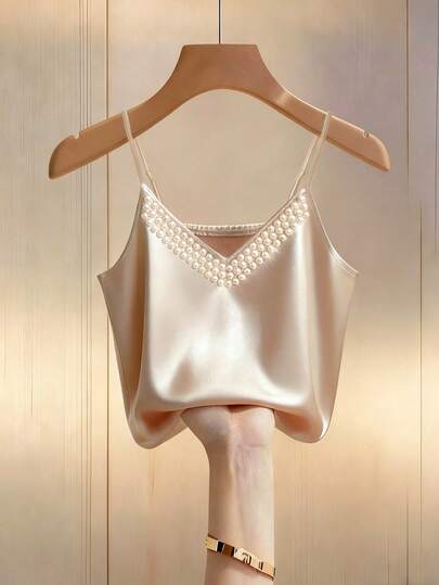 Franclia Women's Sexy Champagne Color Elegant V-Neck Pearl Decorated Strapless Tank Top,Satin Fabric,Glitter Top,Suitable For Commuting, Daily Elegance,Valentine's Day. New Year's Eve,Elegant Women's Blouses,Vacation Outfits Women,Summer Holiday Outfits,Beach Outfits For Women Pearl Top Cream Top Elegant Top Classy Top Dress Top