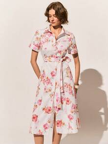 Poéselle 女士印花系带纽扣短袖中长连衣裙 - 杏色 - 查看 3