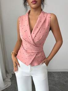 Elenzga 女士优雅浪漫V领收腰衬衫 - 粉色 - 查看 5