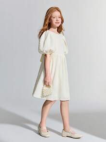 Maija Kids Maija Kids 少女杏色提花圆领泡泡袖优雅连衣裙 - 杏色 - 查看 5