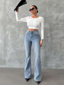 EURMUSE 98%Cotton Zip Solid Color Slant Pocket Front Flare Jeans - Dusty Blue - View 4