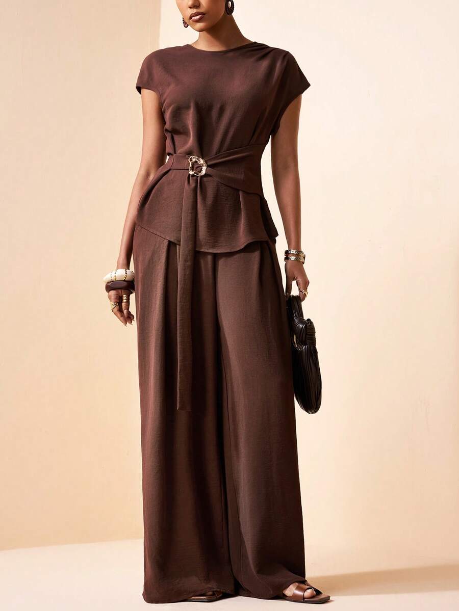 Zivah Elegant Coffee Brown Autumn 2-Piece Set For Work,Short Sleeve Top With Shoulder Ruffle,Metal Decor,Waist Tie & Wide Leg Pants With Pockets,Office Wear