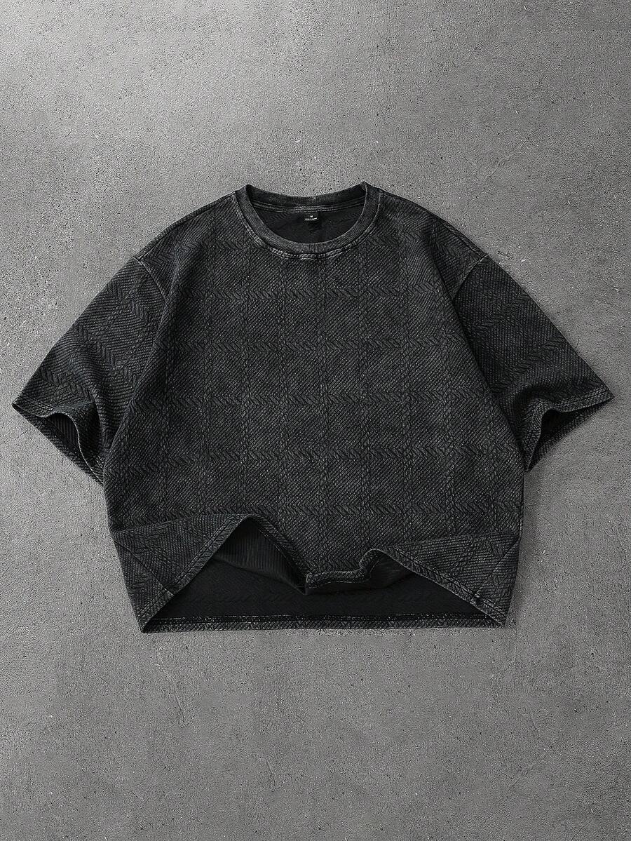 PAVTROS 1pc Men's Short Sleeve Tee, Textured Jacquard Fabric, Washed & Distressed Finish, Cotton Tee, Cropped Boxy Fit, Suitable For Sports, Casual, Commute, Vacation, Back To School, Great Gift For Boyfriend/Husband, Unisex Streetwear Top Loose Cropped Tee Men - Black - View 1