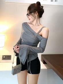 DAZY 女士不对称抽绳斜肩长袖T恤 - 灰色 - 查看 3