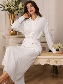 Modelyn Women's Casual Street Style Loose Shirt And High Waist Long Skirt With Chain Decor, Commuting Two Pieces Set - White - View 7