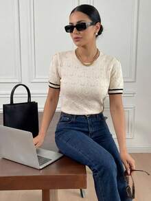 Pariaura Women's Striped Round Neck Casual Loose Short Sleeve Knit Top - Apricot - View 2