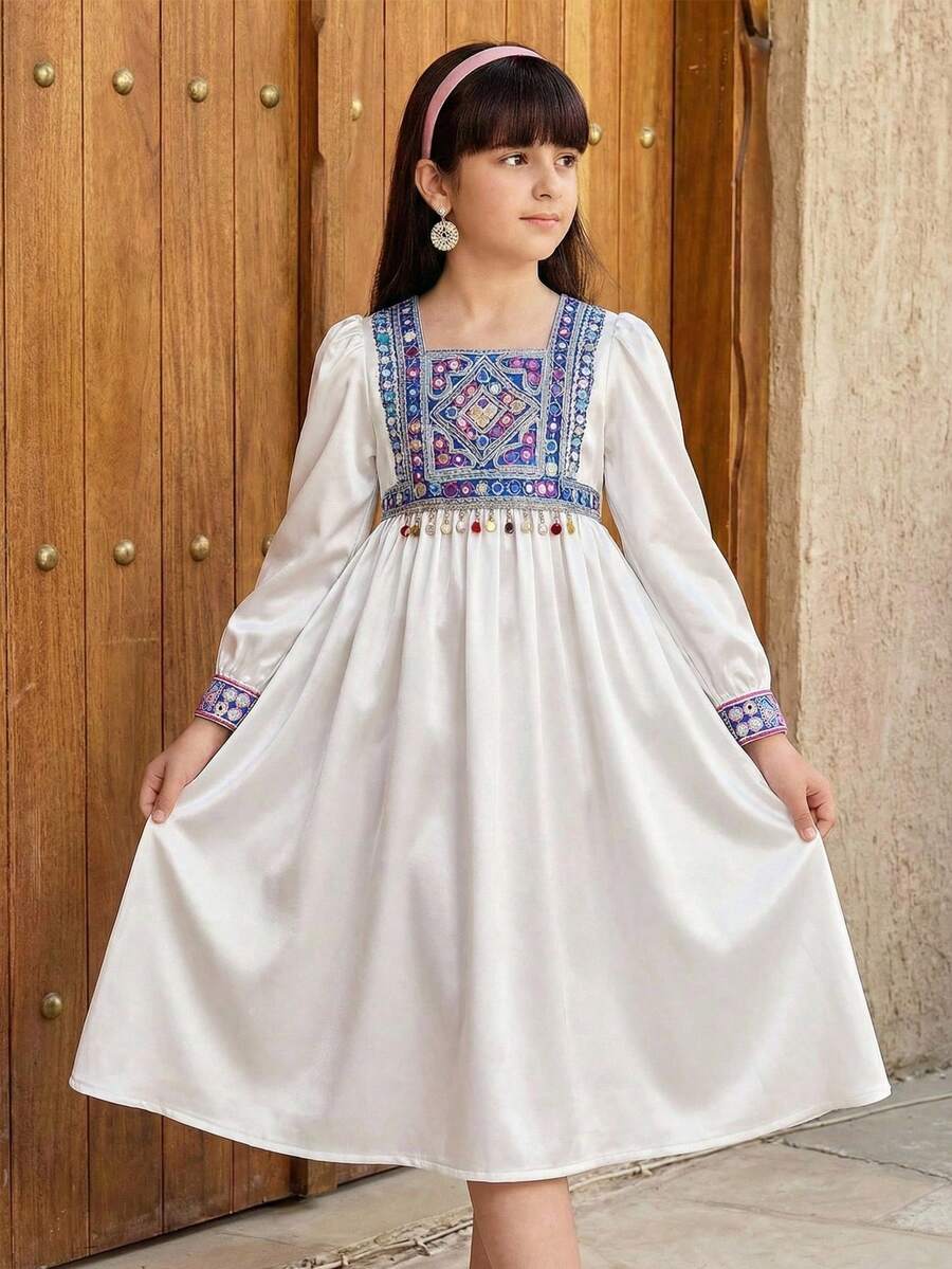 SHEIN جلابياتjalabiya Tween Girls' Fashionable & Elegant Square Neck Short Sleeve Dress Kids Arabic Dress Girls Modest Dress - White - View 1
